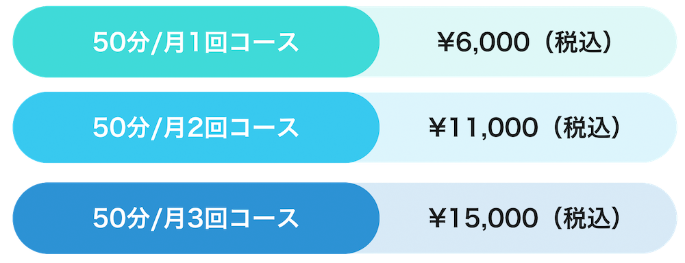 「月1回から3回まで選べるボイストレーニングコース - 50分レッスン」 価格： 月1回コース：¥6,000（税込） 月2回コース：¥11,000（税込） 月3回コース：¥15,000（税込） 自分のペースでレッスンを受けられるコースです。月1回から月3回まで、ニーズに合わせた選べるプランをご用意。ボイストレーニング初心者にも対応し、個別指導でスキルアップをサポートします。